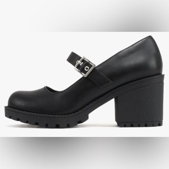 Mary Jane Round Toe Chunky Block Heel Lug Sole Pump Adj. Strap Faux Leather 8.5 - Picture 1 of 9